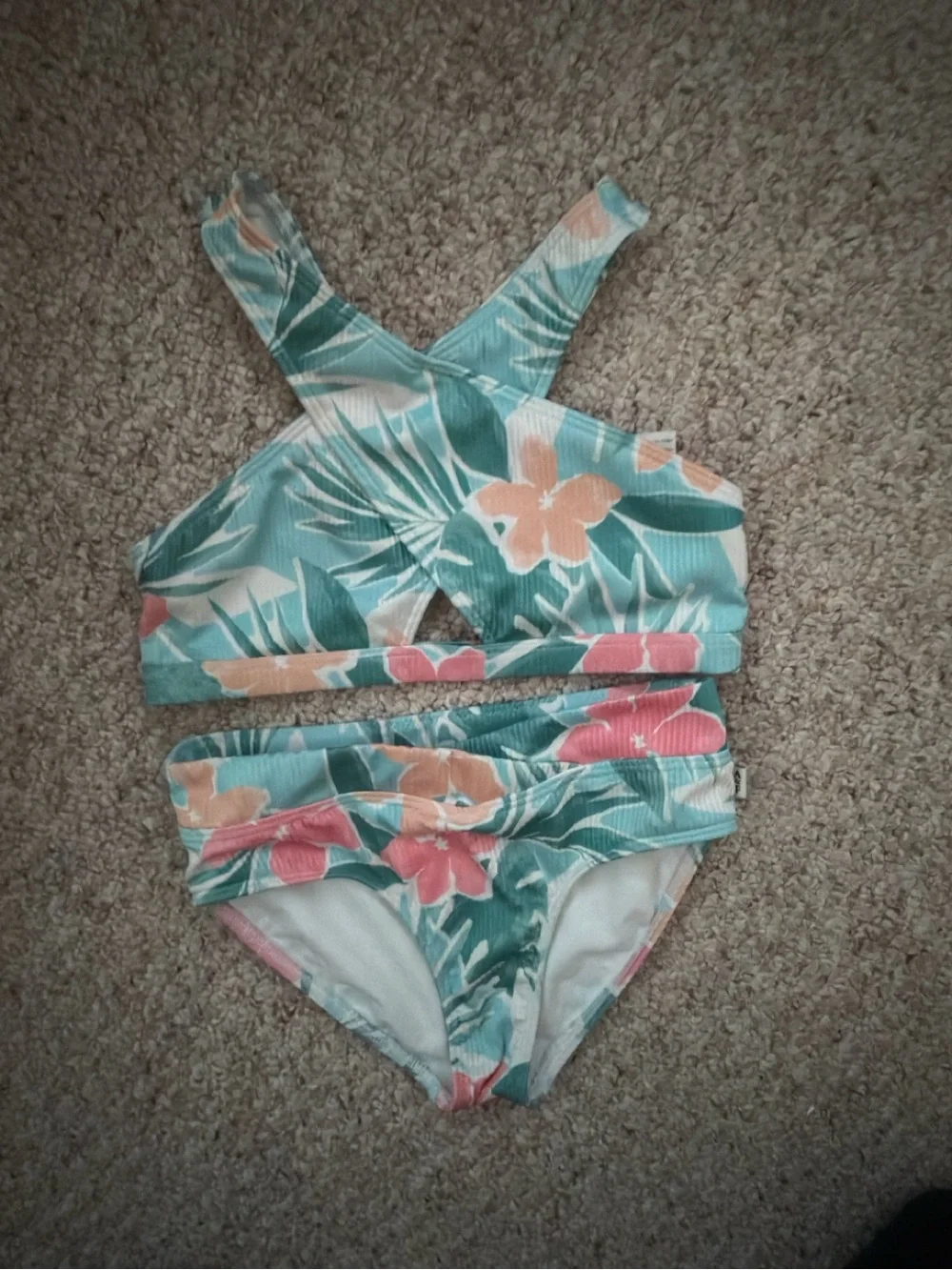 abercrombie kids Teal Floral Cross-Back Bikini Set with Peach & Coral Flowers